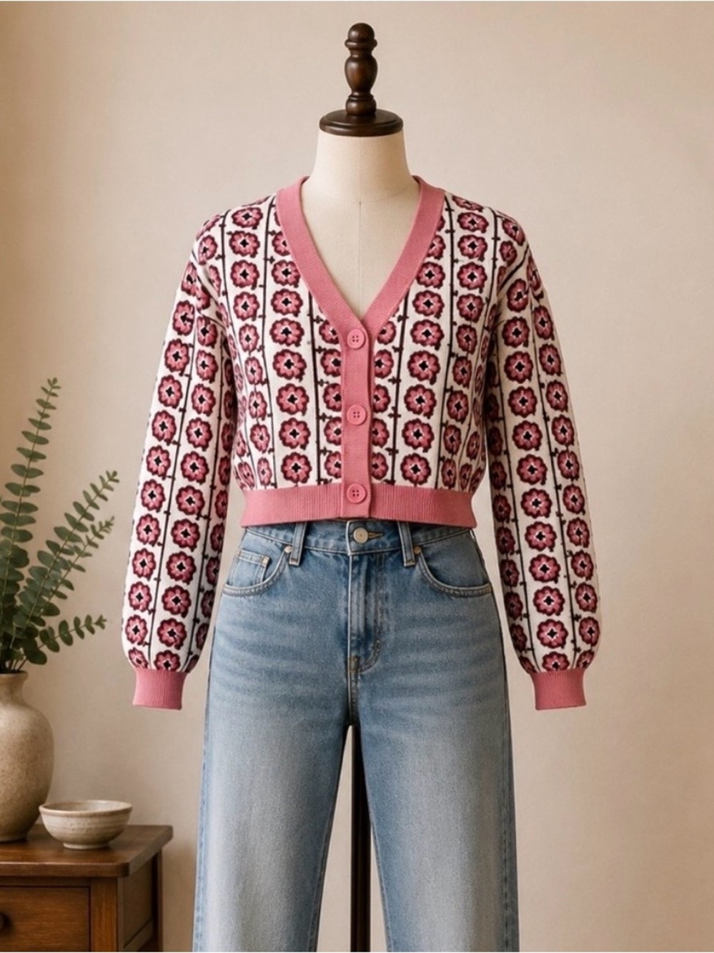 Twik Simons Vision Pink Jacquard Cropped Cardigan Coquette Knit Sweater Size M